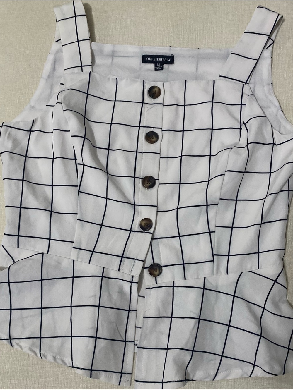 White Grid Peplum Button Front Top | Sleeveless Blouse | Women’s Size M